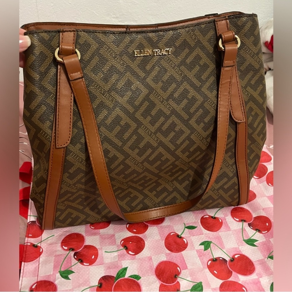Ellen Tracy Brown Patterned Tote - image 1